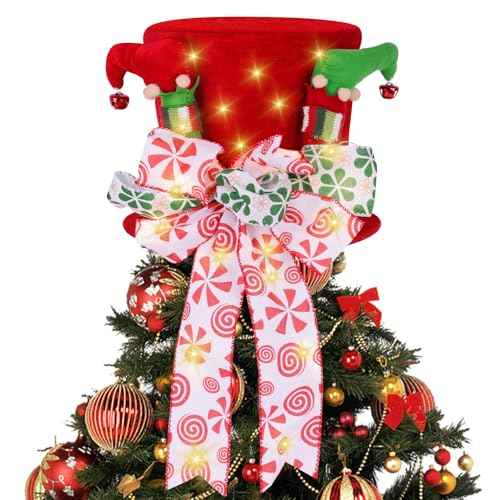 Christmas Tree Topper Hat, Large Red Bow Christmas Tree Topper, Lighted Red Velvet Hat with Elf Legs Christmas Tree Decorations, Tabletop Ornaments for Holiday Home Decor