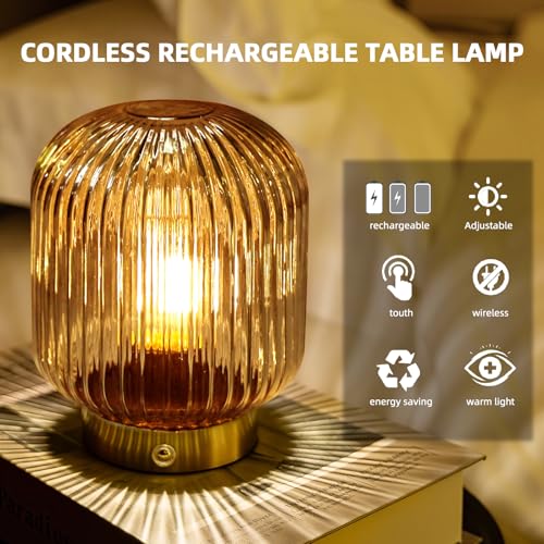 Rechargeable Cordless Table Lamp - Amber Glass with Memory Function