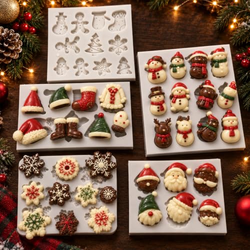 LLPMutu 5-Pack Christmas Silicone Molds with 46 Cavities - Santa, Snowman, Reindeer & More (White 3) | Mini Christmas Fondant & Candy Molds