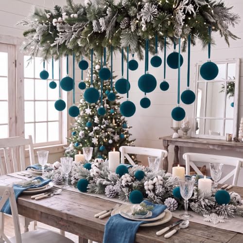 PullCrease Peacock Blue Velvet Christmas Ornaments Set of 40 - Festive Holiday Decor