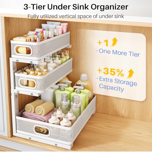 Under Sink Organizer 3-Tier Metal Pull-Out Shelf - White 2-Pack