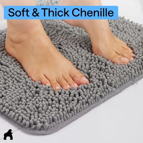 GORILLA GRIP Gray 48x24 Inch Absorbent Chenille Bath Rug Mat - Ultra Soft & Quick-Drying