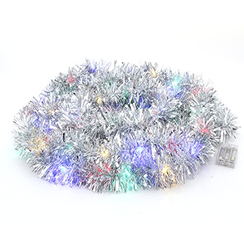 CCINEE DK217S1P1 Christmas Prelit Tinsel Garland 33ft Silver with 100 LED Lights