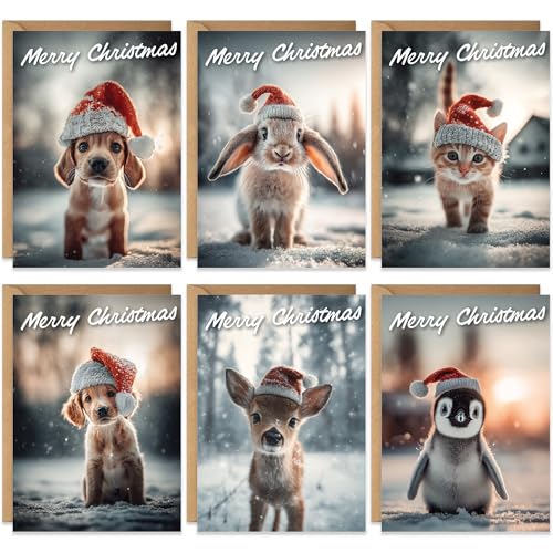 Old English Christmas Cards Bulk Pack 20 – Seasons Greetings, 6 Baby Animal Santa Images