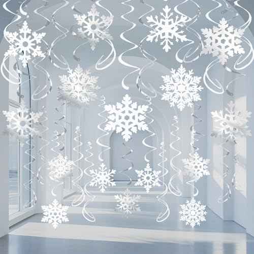 32 Pcs Snowflake Hanging Swirls Party Decoration - Christmas Winter Wonderland Ceiling Decor White Silver Snowflake Ornaments Garland for Winter Holiday Party Decorative Frozen Theme Party Supplies