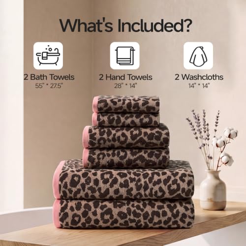 REDKISS Dark Brown Leopard Print 6-Piece Cotton Towel Set - Quick Dry & Absorbent