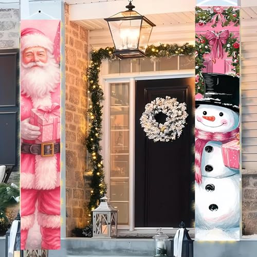 Pink Christmas Porch Banner - 12x71 Inch Welcome Santa Snowman Holiday Decor