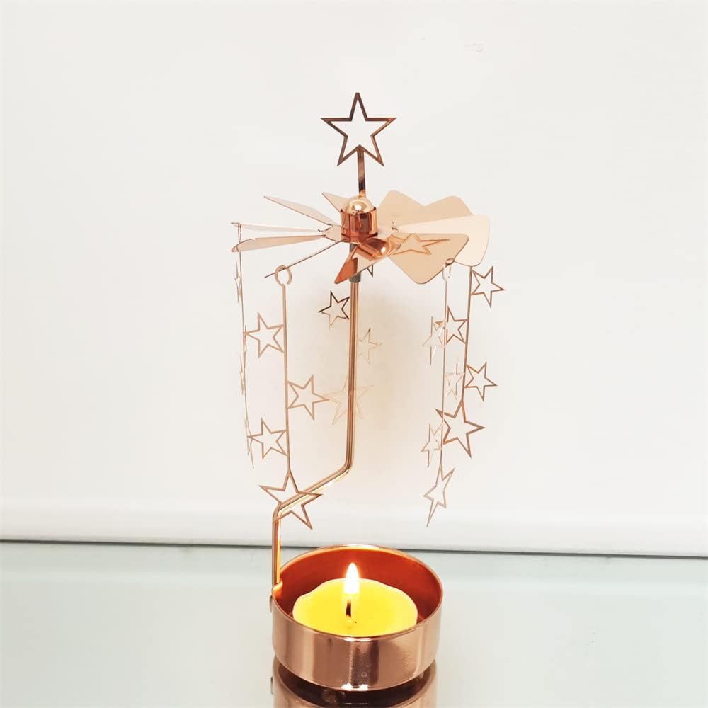 Kingnero Rotary Candle Holder - Spinning Tea Light Carousel in Rose Gold Star | Perfect Small Gift