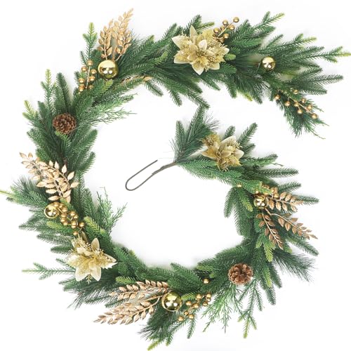 6ft Norfolk Pine Garland with Gold Flowers - Premium Indoor/Outdoor Christmas Greenery