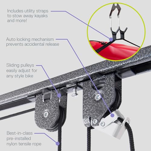 Bike Hoist Pro 2-Pack with Kayak Straps - Heavy Duty Garage Storage for Bikes & Kayaks