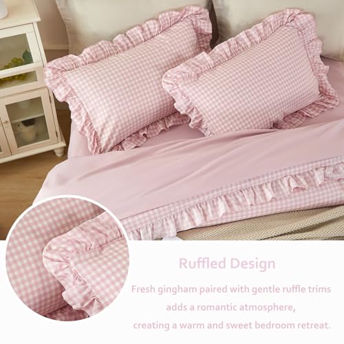 Pink Gingham Full Bedding Set for Girls - 5 Pieces Ruffled Bed Comforter & Sheets