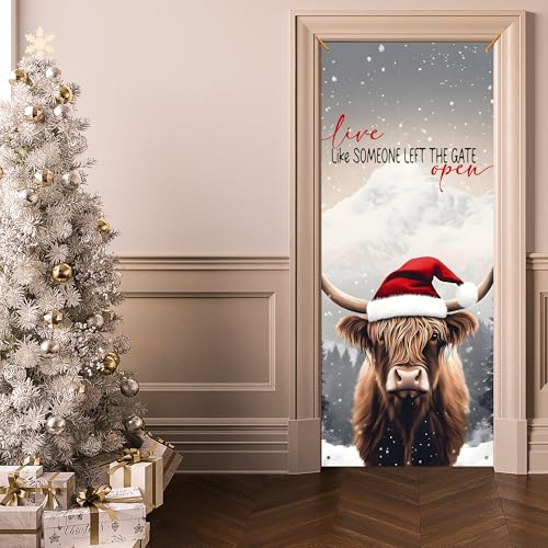 E-Christmas Cow Door Cover - Funny Highland Cow Holiday Door Banner for Indoor Outdoor Decor