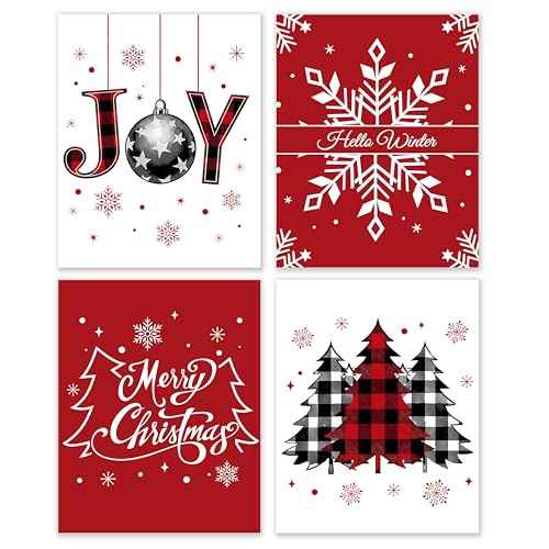 BESERH Red Christmas Wall Decor, Joy Christmas Buffalo Plaid Trees Snowflakes Posters Wall Art Prints, Christmas Pictures Wall Decor, Christmas Wall Decorations, 8x10 Inches Set of 4 Unframed