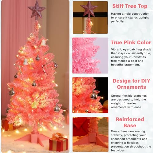 Nakolulu 3ft Pink Mini Christmas Tree with 50 LED Lights, 160 Tips, Hinged Branches & Detachable Stand - Pink Christmas Tree