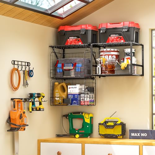 Heavy Duty Wall Mounted Garage Shelf with Wire Baskets & Tool Storage