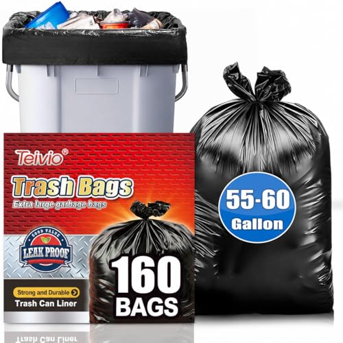 Teivio Large Black Trash Bags 55-60 Gallon - 160 Count Heavy Duty Garbage Bags - Variation of 160pcs-55 60 Gallon-Black