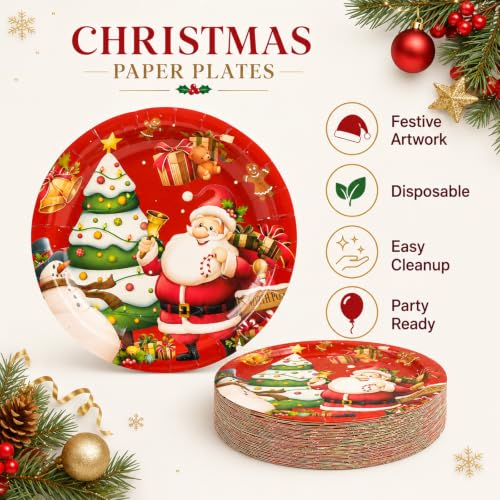 PUEVENYI Merry Christmas Paper Plates 7 Inch - Winter Holiday Disposable Tableware Set, 50 Count