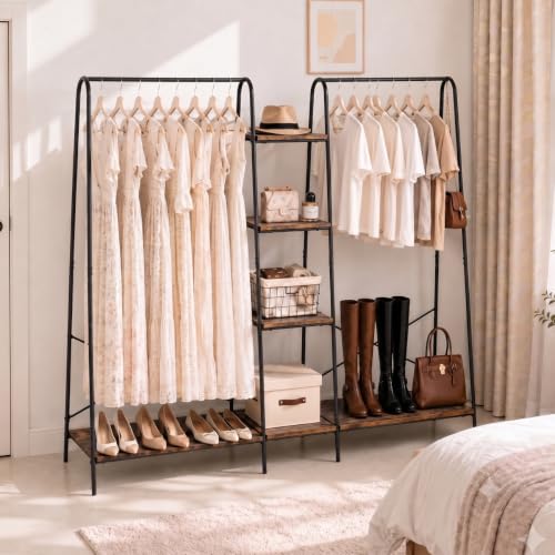 Black Clothes Rack with 6 Wooden Shelves & 2 Hanging Rods - Heavy Duty Freestanding Wardrobe