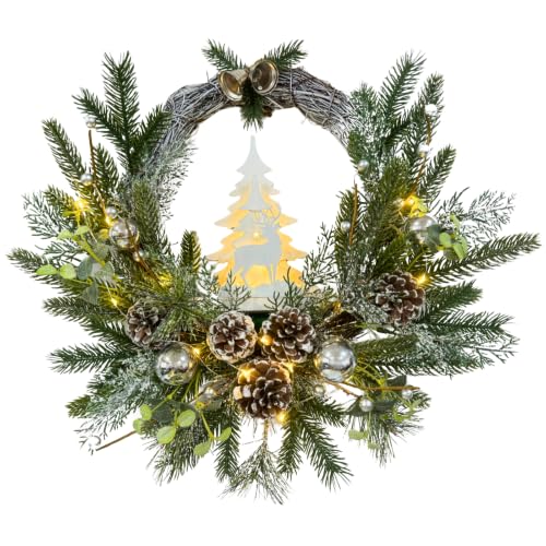 Svndlyn 18-Inch Indoor Outdoor Christmas Wreath with Silver Ornaments & Timer