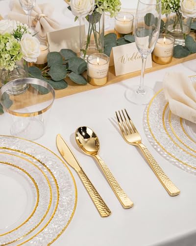 Nervure 300PCS Gold Hammered Plastic Silverware Set - Heavy Duty Disposable Cutlery for Events