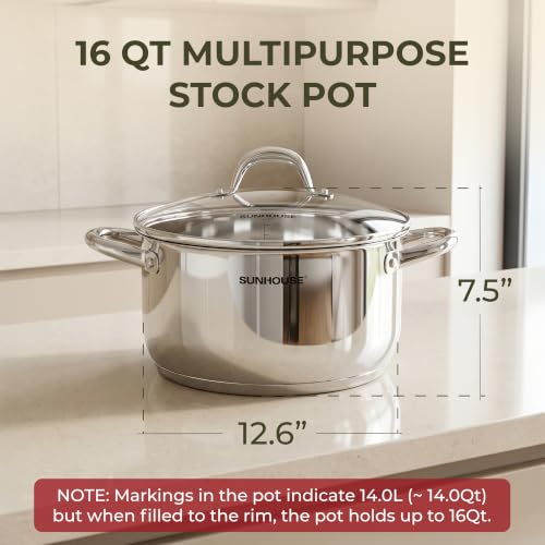 Sunhouse 16 Quart Stock Pot with Lid - Stainless Steel Multi-Ply Base Large Cooking Pot