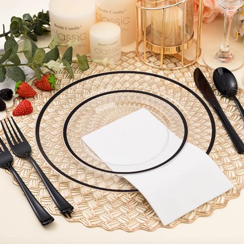 BESTSTAR 200pcs Black and Clear Plastic Disposable Plates Set - Food-Grade & Elegant