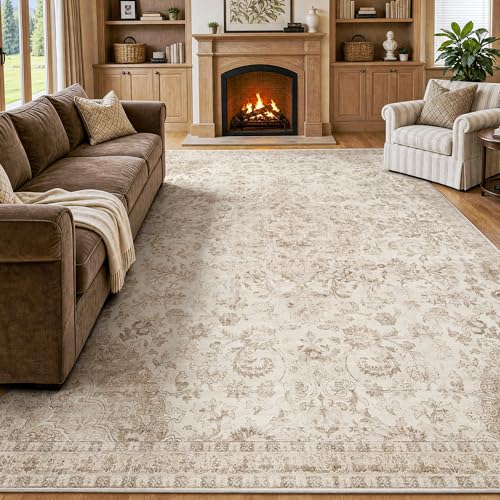 Beauoop 8x10 Beige Vintage Oriental Area Rug for Bedroom - Washable, Low Pile, Non Slip