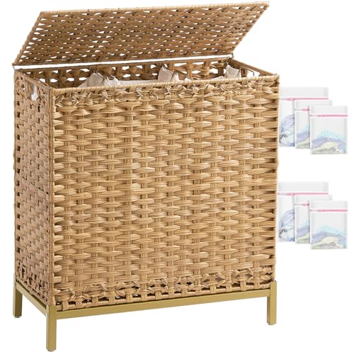SETVSON 35 Gal Laundry Hamper with Lid, 3-Bag Clothes Sorter, Natural Rattan Finish
