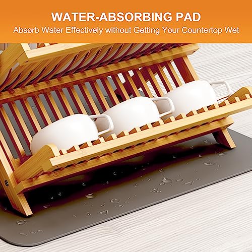 Natural 3-Tier Bamboo Dish Drying Rack with Utensil Holder & Absorbent Mat - Collapsible Kitchen Organizer