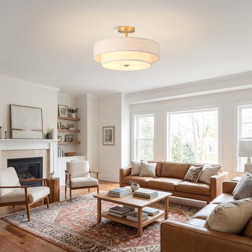 17.71-Inch 2-Tier Gold Semi-Flush Mount Ceiling Light Fixture, 3-Light Double Drum