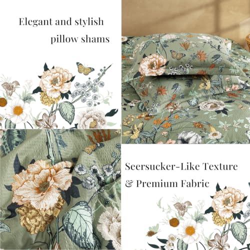 Avocado Green Floral Oversized Queen Comforter Set – 7-Piece Bed in a Bag, Farmhouse Bedding