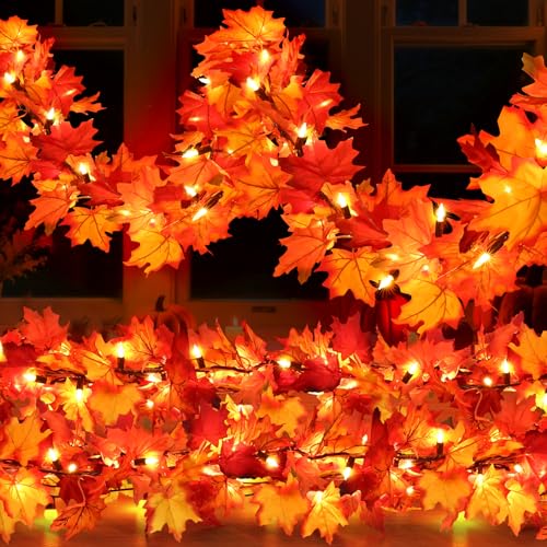 Orange 9FT Lighted Fall Maple Leaf Garland for Thanksgiving Home Decor - 2 Pack