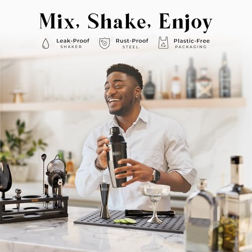 Bartender Kit Bar Set with 16 Tools and 35 Recipe Cards - Jet Black 24oz Cobbler Shaker