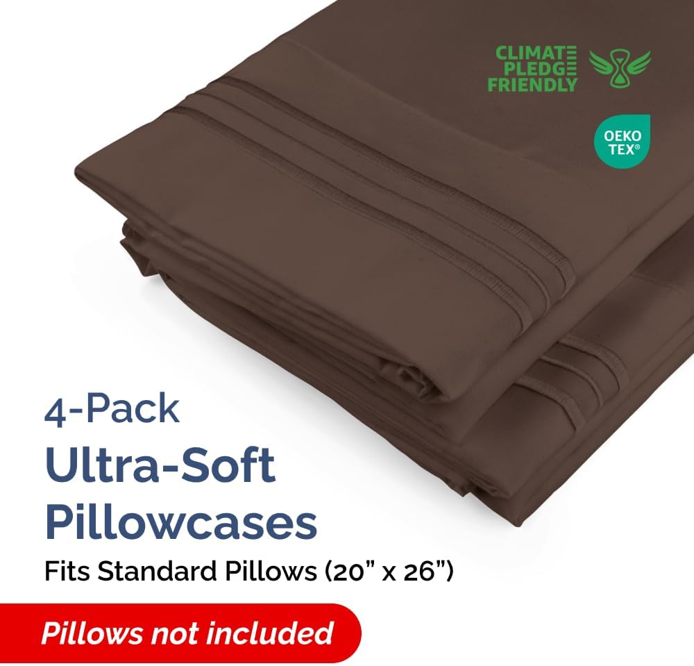 Skiennix Standard Pillow Cases Set of 4 - Ultra Soft Hotel Quality Covers - Machine Washable Brown