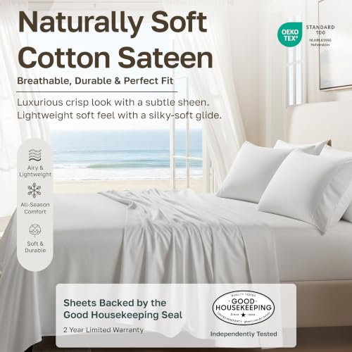 California Design Den Queen Cotton Sateen Sheets Set - Bright White, 4 Pc, Natural, Breathable, Softened with Wash, Deep Pockets