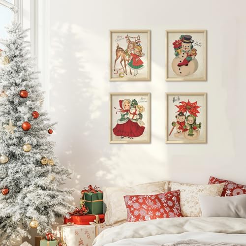 PLKMN Vintage Snowman Christmas Wall Art Print Set of 4, 8x10in Unframed