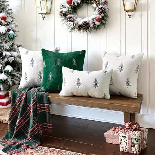 MIULEE 18x18 Inch Faux Fur Pillow Covers Set of 2 White Green Embroidered Christmas Tree