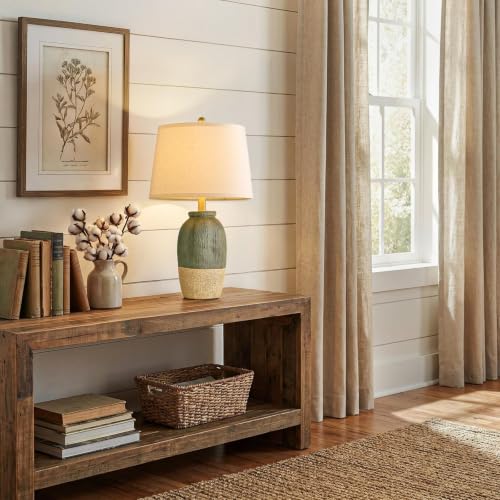 22.5-Inch Green & Earthy Yellow Ceramic Table Lamp for Bedroom & Living Room - Boho Nightstand Light - Handmade