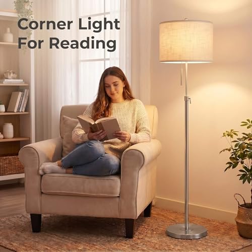 Nickel Floor Lamp with White Shade - Adjustable Tall Reading & Living Room Light - 55-67 Inches