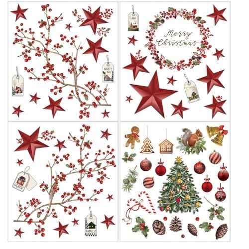 4 Sheets Christmas Wall Stickers Decals Removable Merry Christmas Window Walls Cling Tree Art Sticker Xmas Decoration