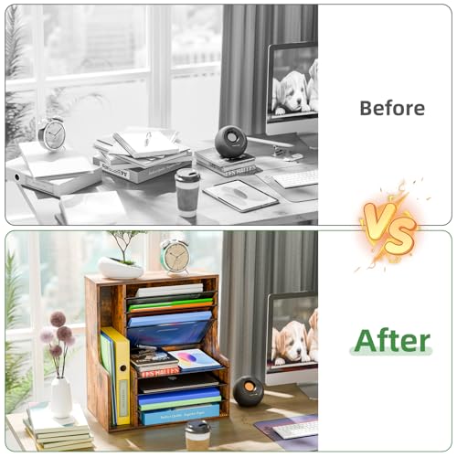 Simple Trending 7-Tier Wooden Desk File Organizer with Side File Holder - Rustic Brown