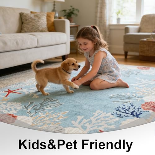Ocean Blue Coastal Area Rug 8'x10' Washable Non-Slip Nautical Home Decor