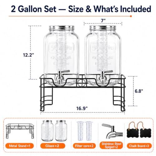 2 Gallon Glass Drink Dispensers with Stand - 2 Pack for Parties & Events