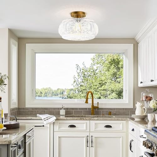 12 Inch Glass Globe Semi Flush Mount Ceiling Light Fixture - Gold