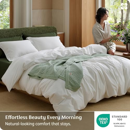 King Size Linen-Style Cotton Duvet Cover Set - Natural White, 3-Piece