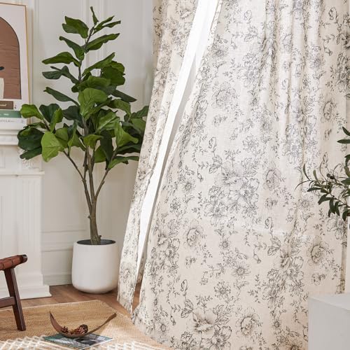 jinchan Black on Beige Floral Linen Curtains 84 Long, Pack of 2, Unlined, 50"W x 84"L