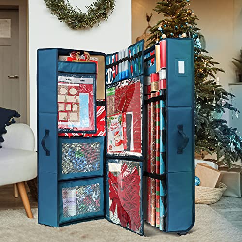 Hearth & Harbor Extra Large Blue Wrapping Paper Storage Container with Ribbons & Wheels