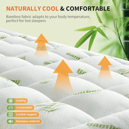 Sweetcrispy Full Size Cooling Bamboo Mattress Topper with Deep Pockets - White & Green