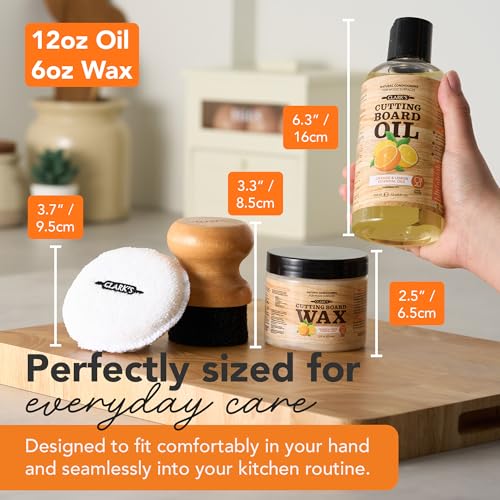 Clark’s Cutting Board Oil & Wax Kit with Natural Lemon & Orange Extracts - Food-Grade Mineral Oil (12oz), Wax (6oz), Applicator & Buffing Pad - Protect & Condition Wood Surfaces