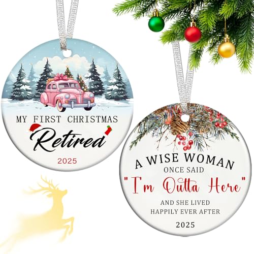 Christmas Retirement Gifts for Women 2025, Double Side Xmas Tree Hanging Decorations Happy Retirement Ornament Ceramic 3" with Gift Box Inspirational Gift for Retired Coworker Teachers Old Friends